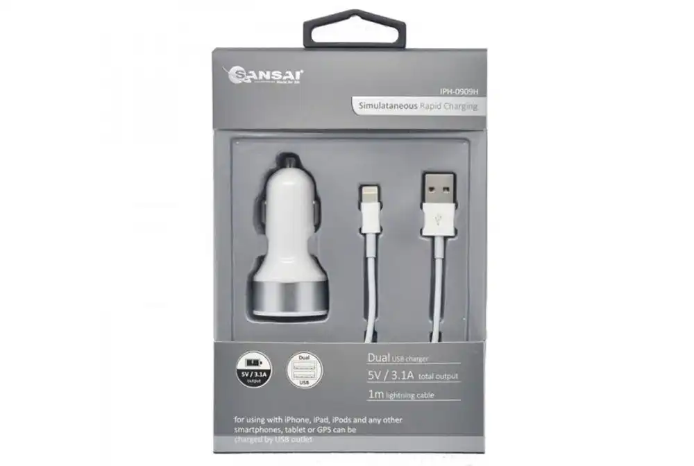 2 USB Port Car/Vehicle Charger w/8 Pin Cable for Smartphone/iPhone/iPad/iPod