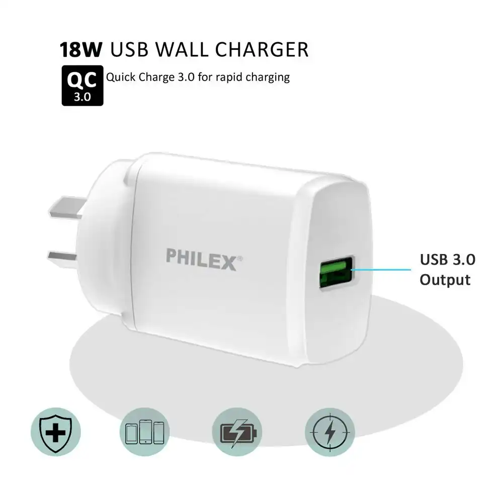 Philex 18W USB Wall Charger for Smartphones iPhone 11/X/XS Samsung S8/S9 LG WHT