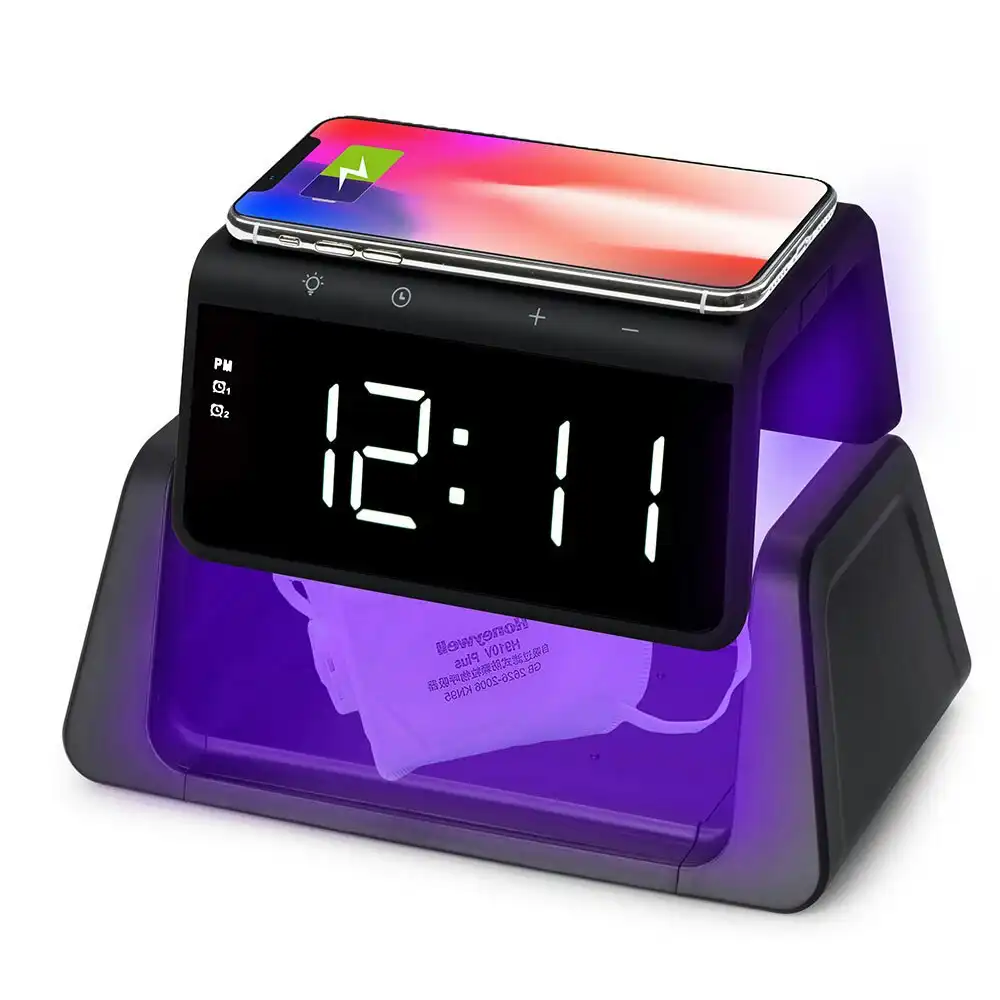Rewyre Alarm Clock USB-C 5V 10W Qi Wireless Charger/UV Disinfection Lamp Black