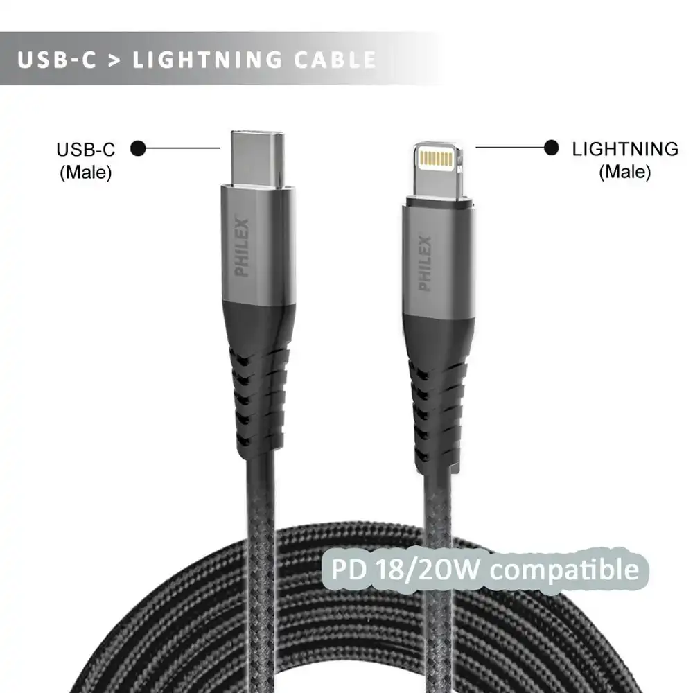 Philex Braided 1.2m USB-C to 8 Pin Charging Cable for iPad/iPhone/XS/11 Assorted