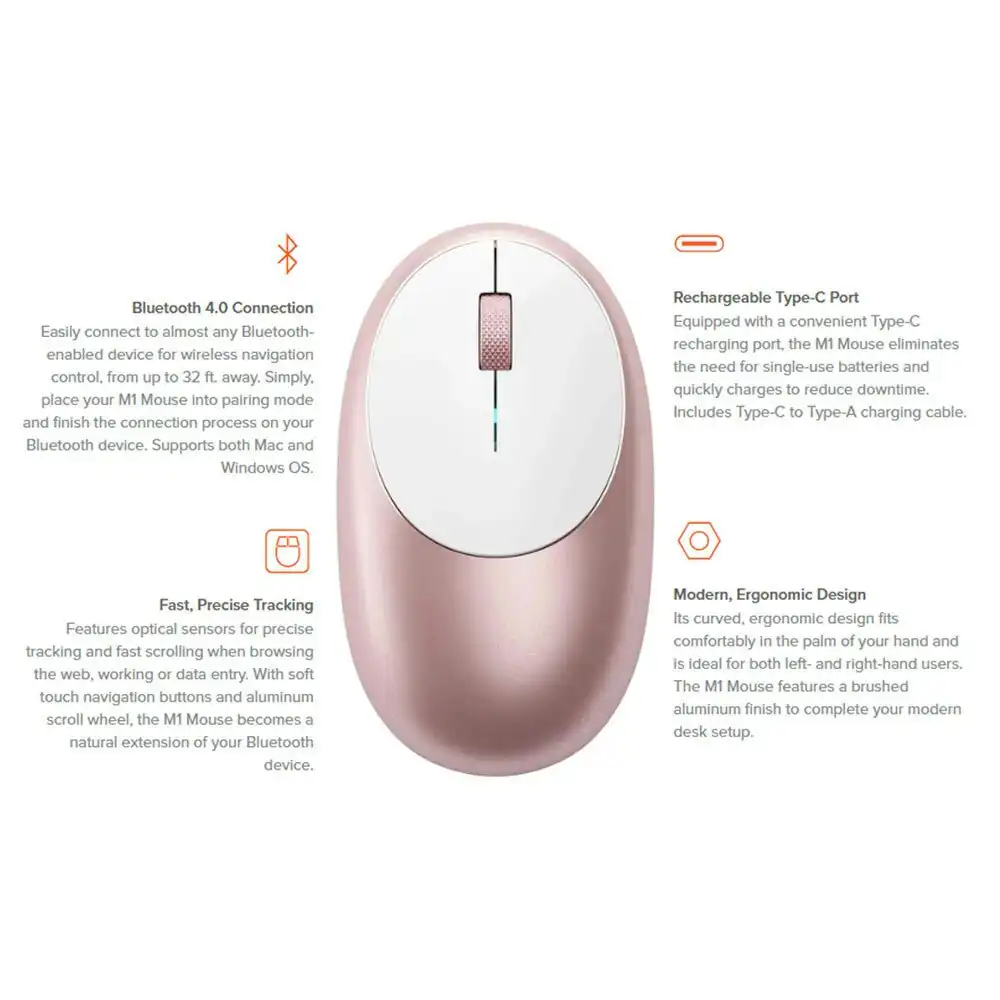 Satechi M1 Bluetooth Wireless Optical Rechargeable Mouse for PC/Laptop Rose Gold