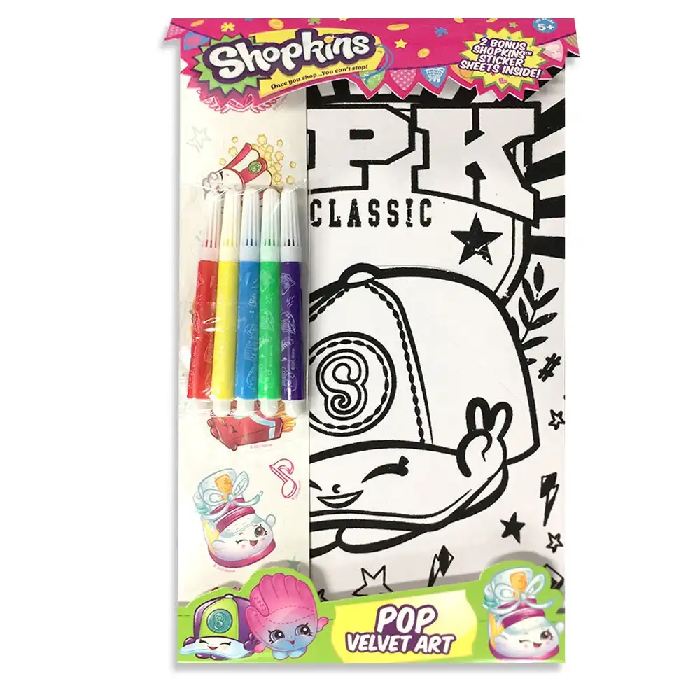 Shopkins Pop Velvet Art Kids Craft Kit Colouring Sheet w/Markers/Stickers 5y+
