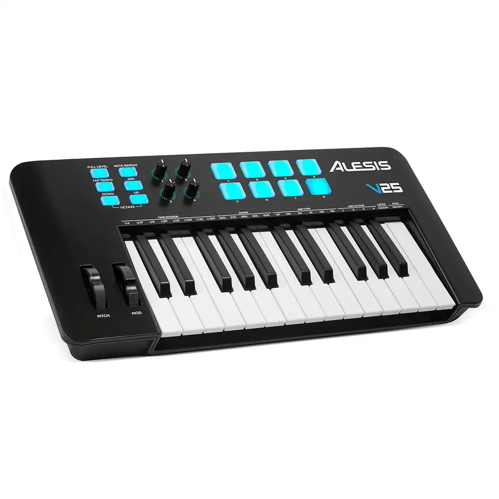 Alesis 25 Key Electric Keyboard USB/MIDI Controller/LED-Backlit Pads For PC/Mac