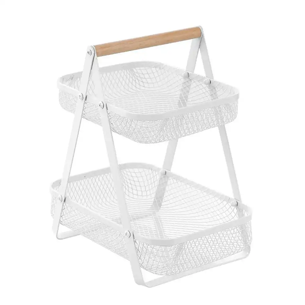 Boxsweden 29cm Mesh 2-Tier Bench Top Stand Organiser Rack w/ Wood Handle White