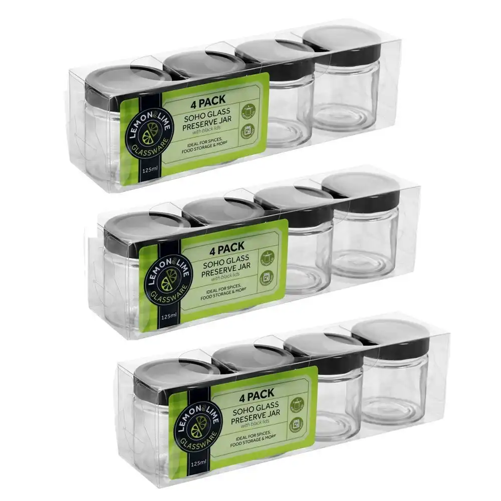 12PK Lemon & Lime Soho Glass Preserve Jar 125ml w/ Black Lid Storage Container
