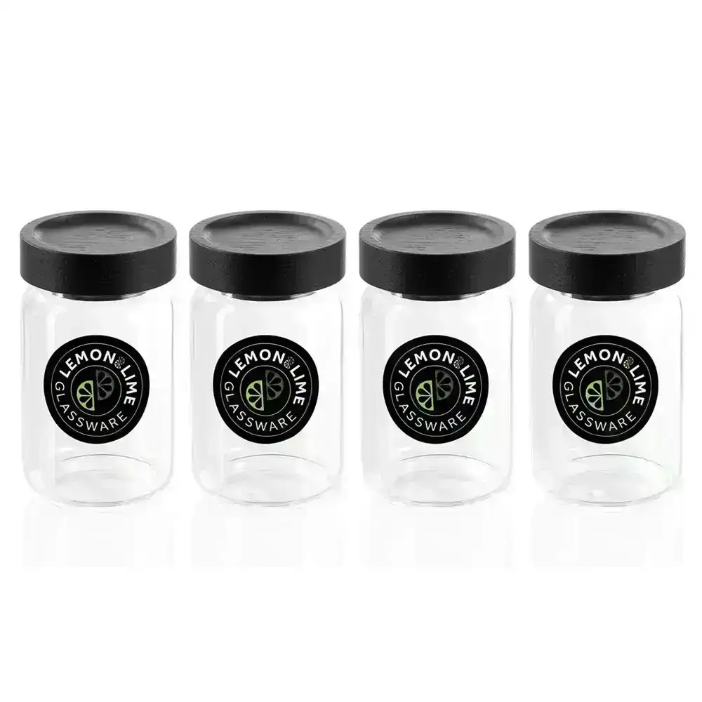 4x Lemon & Lime Woodend Black 200ml/10.5cm Glass Spice Jar/Container Clear w/Lid