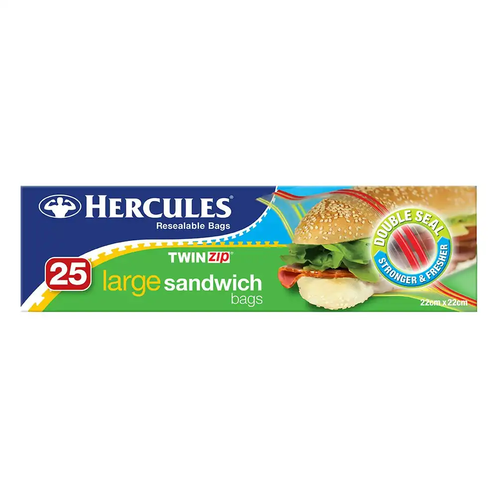 75pc Hercules Twin Zip Resealable Large 22x22cm Food Storage Sandwich Bag