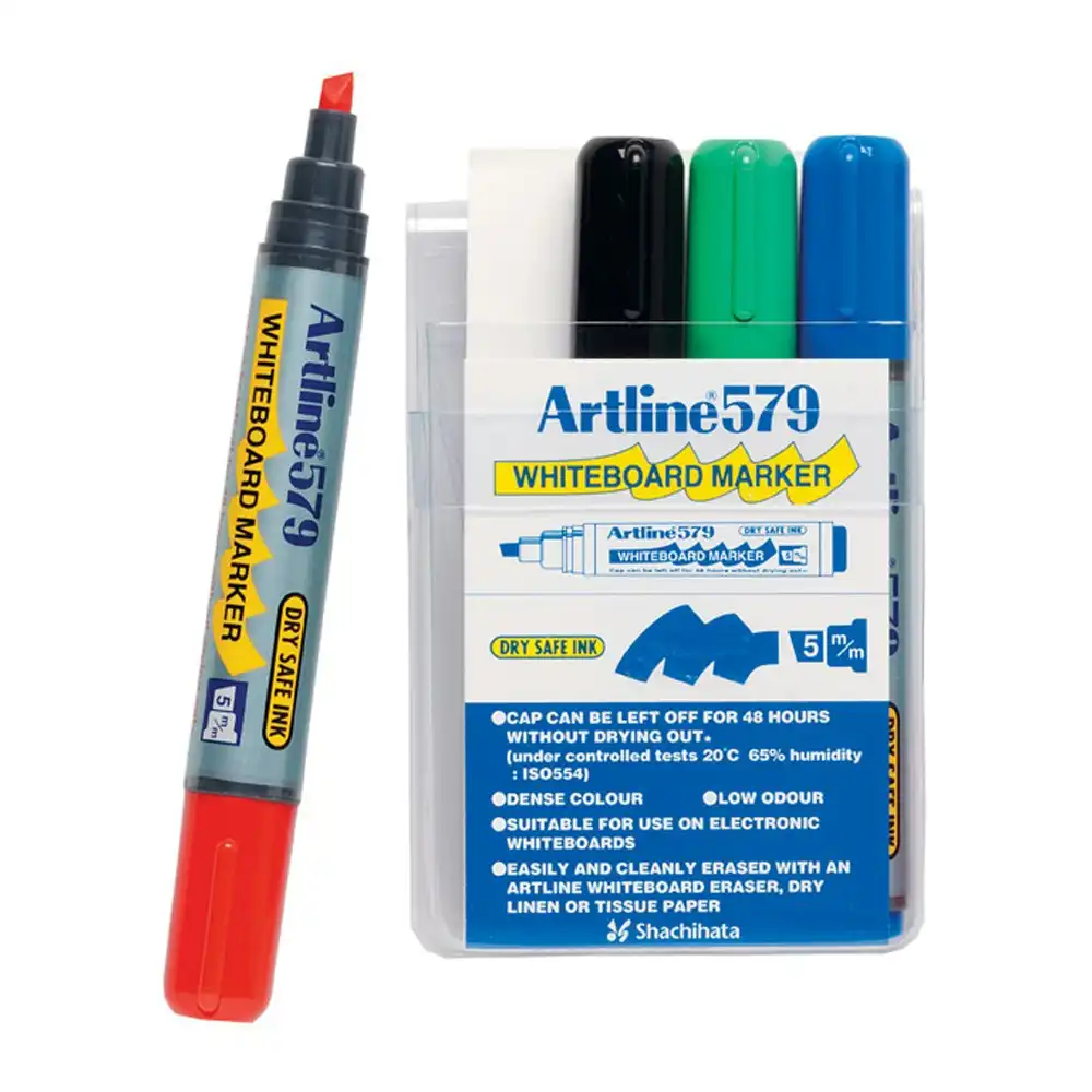 4pc Artline 579 5mm Chisel Nib Office Whiteboard Markers Assorted Colours Wallet