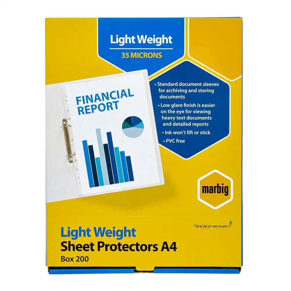 200pc Marbig Light Weight Plastic A4 Sheet Protectors Document Sleeves Clear