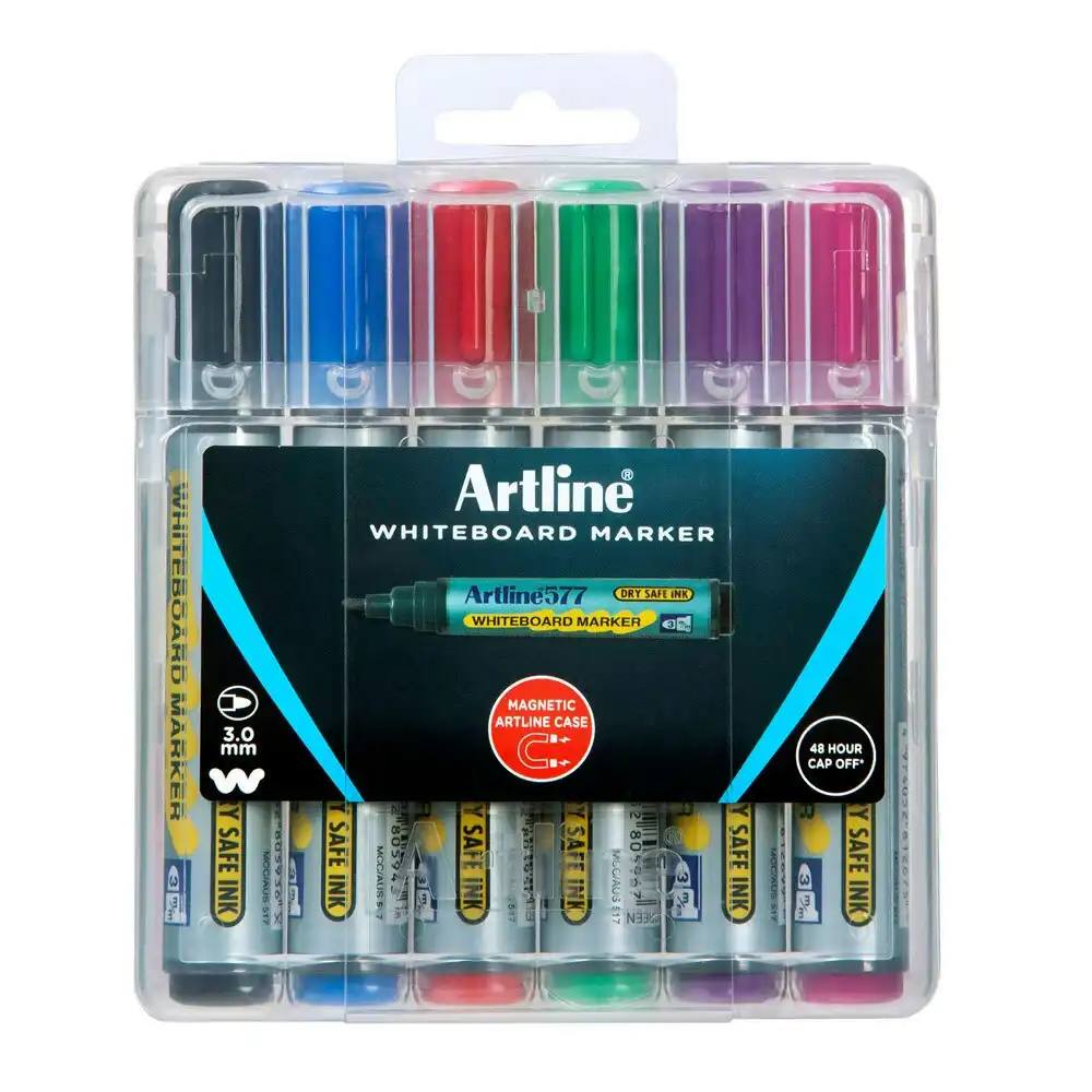 6pc Artline Whiteboard Marker Pen Bullet Nib Set w/Magnetic Case Assorted Colour