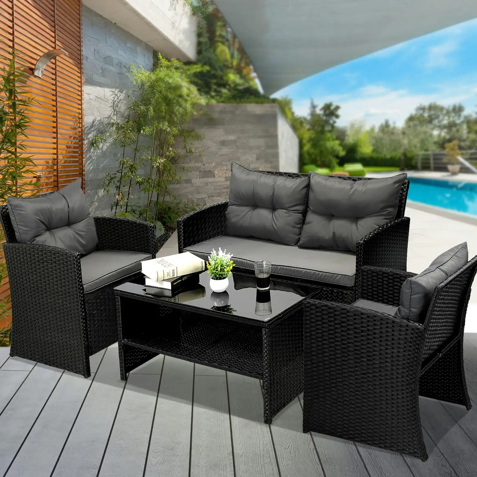 Livsip Outdoor Furniture 4 Piece Wicker Sofa Chair Table Dining Lounge Set