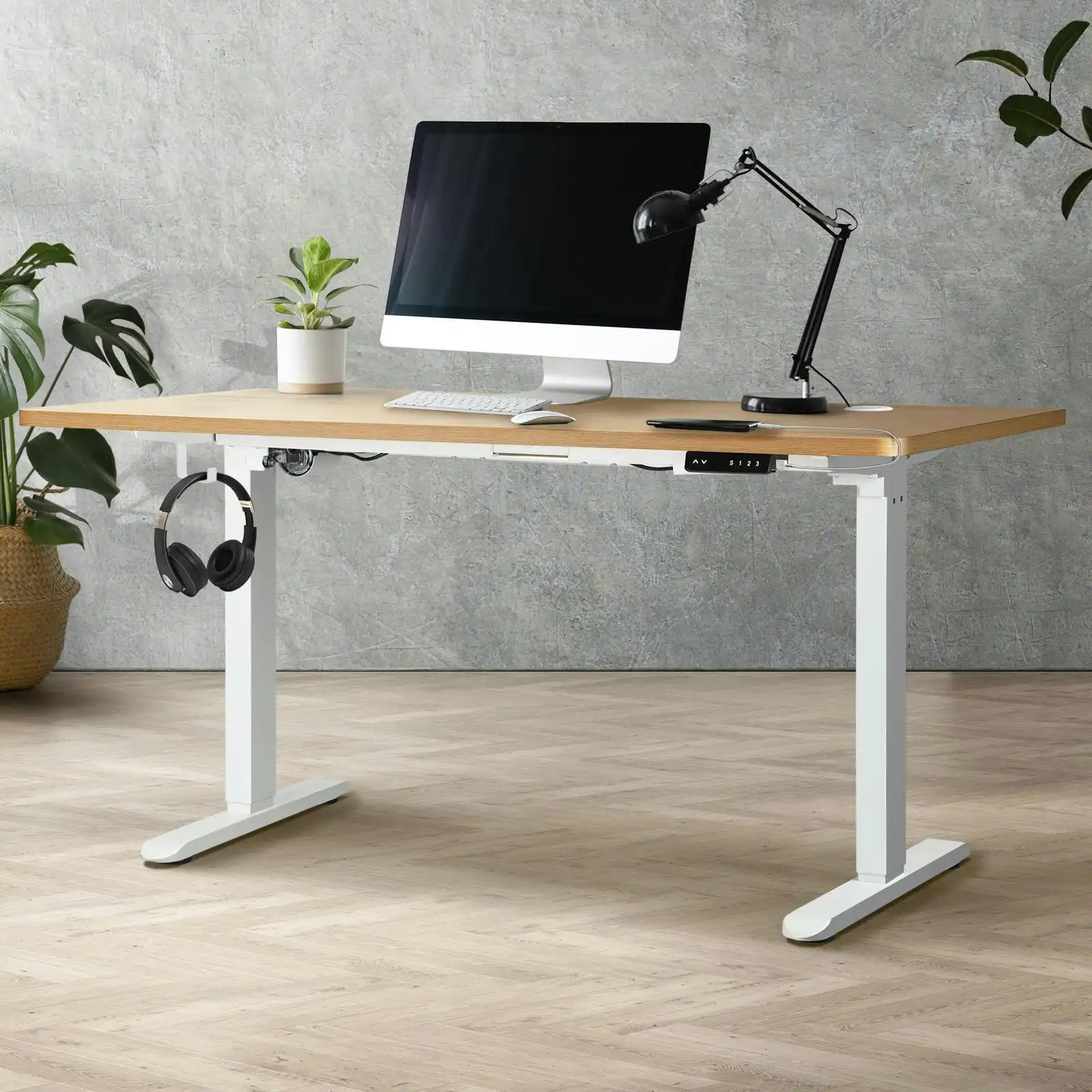 Oikiture 140cm Electric Standing Desk Single Motor White Frame OAK Desktop With USB&Type C Port