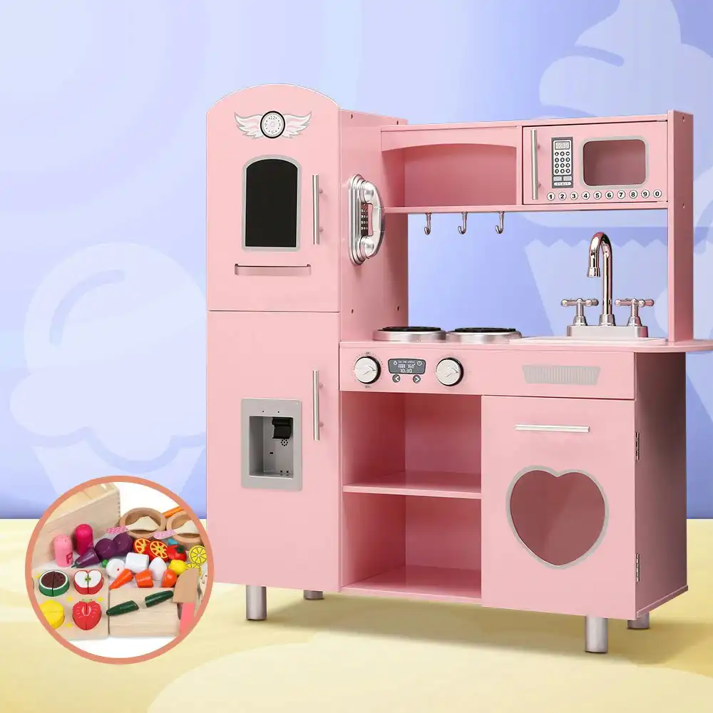 Keezi Kids Wooden Kitchen Play Set with Cooking Food Sets Pink