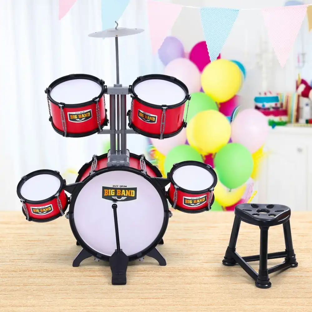 Keezi Kids Pretend Play Drums Set Junior Drum Kit Mini Musical Play Toys Childrens 7pcs Red