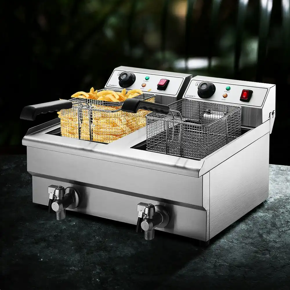 Devanti Electric Commercial Deep Fryer Twin Frying Basket Chip Cooker Countertop 20L