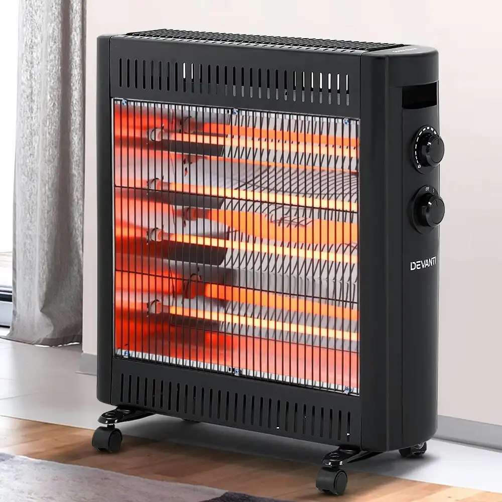 Devanti Infrared Radiant Heater Electric Space Panel Heater Convection Heat Portable w/ Wheels Thermostat Setting Home Office Room Heating 2200W Black