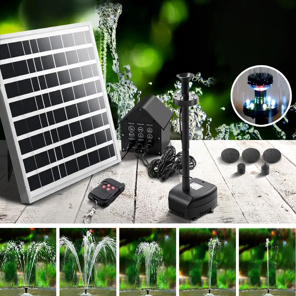 Gardeon Solar Pond Pump with Battery Kit LED Light 5 FT