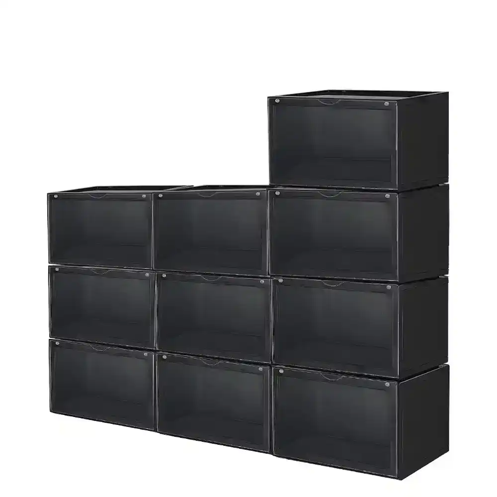 Furb 10PCS Shoe Display Box Plastic Container Stackable Boxes Storage Case Shoe Sneaker Bins Black