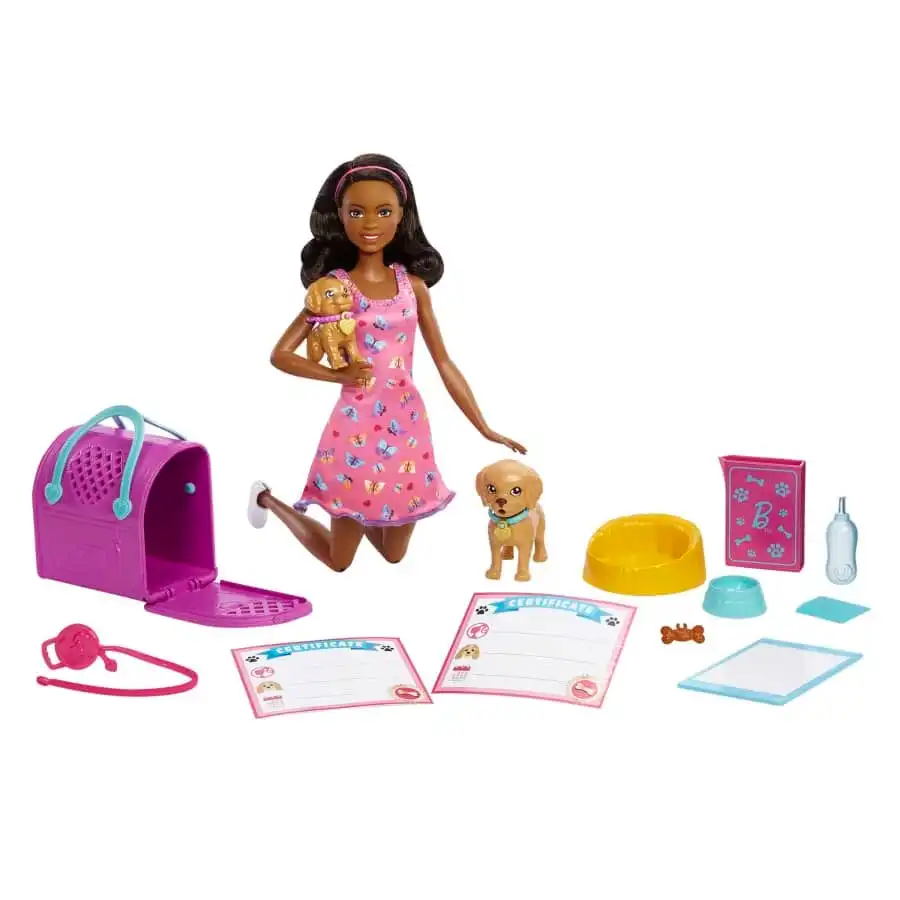 Barbie Doll and Accessories Pup Adoption Playset With Doll, 2 Puppies and Colour-Change