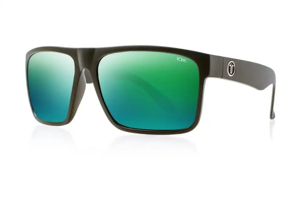 Tonic Outback Polarised Sunglasses with Glass Green Mirror Lens and Black Frame