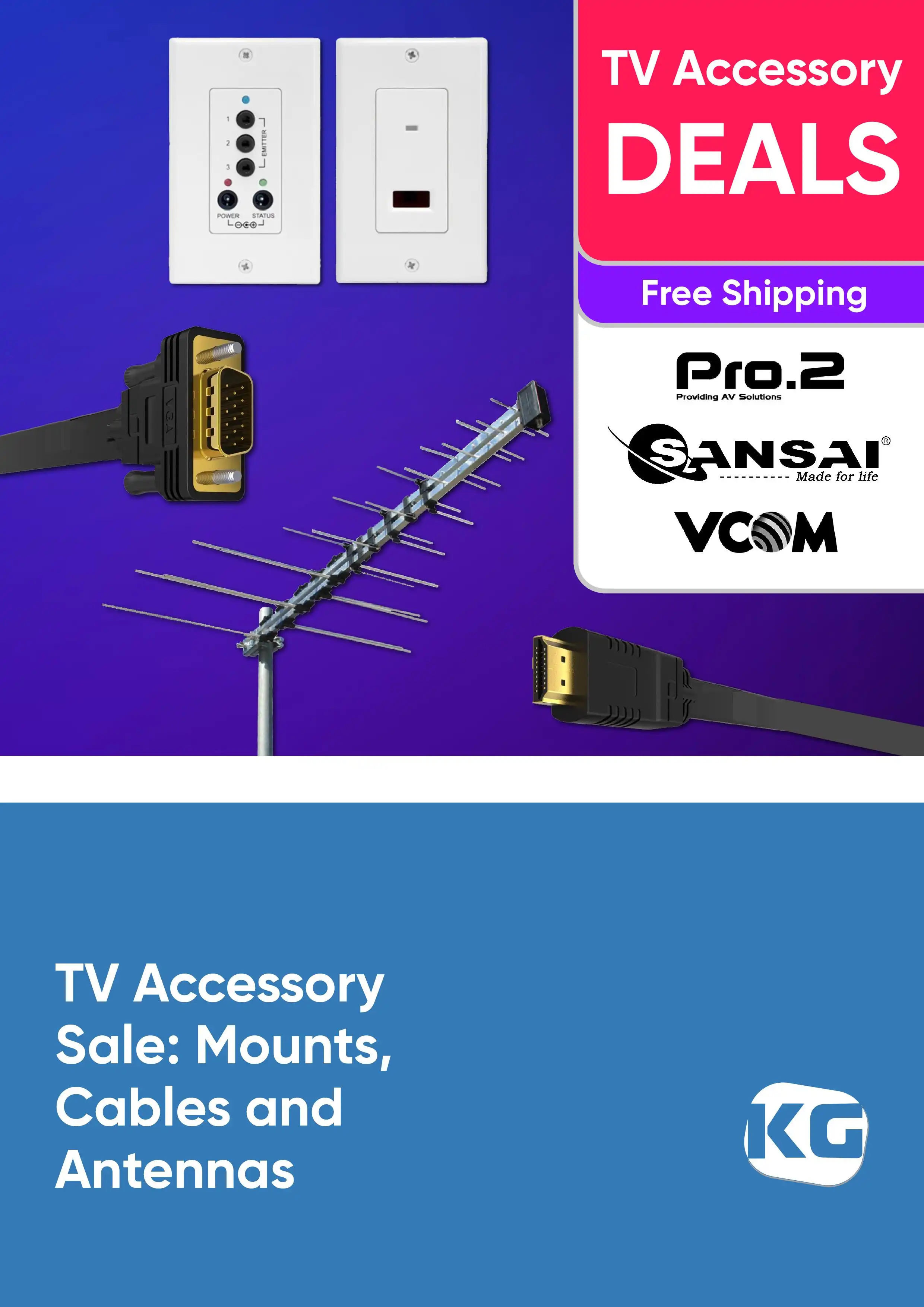 TV Accessory Sale - Mounts, Cables and Antennas - Pro2, Sansai, V-Com