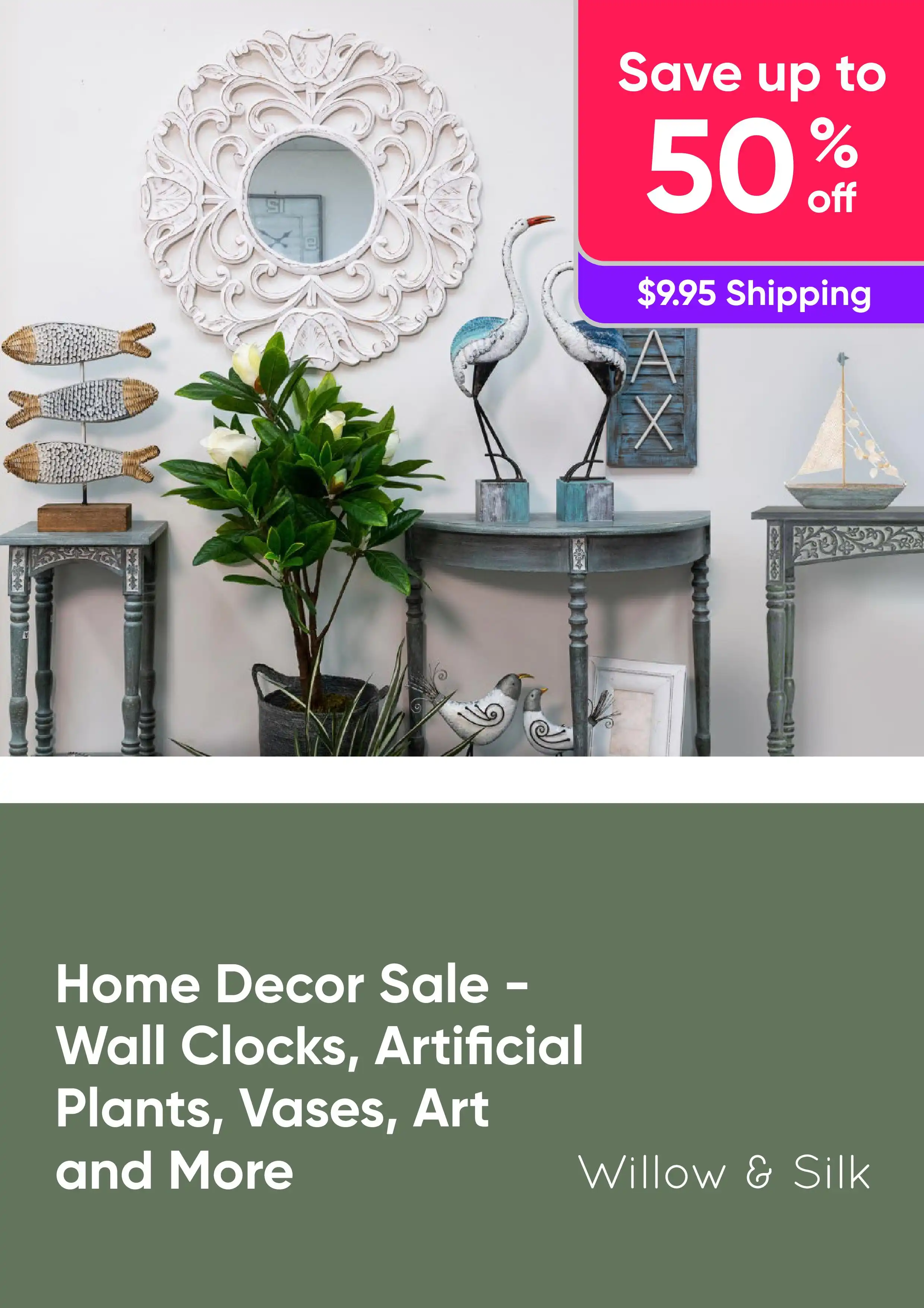 Home Decor Sale - Wall Clocks, Artificial Plants, Vases, Art and More