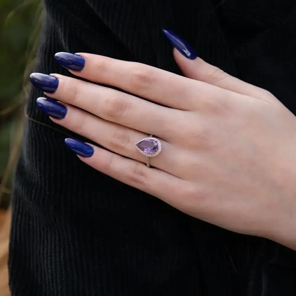 Sterling Silver Amethyst and Zirconia Pear Ring