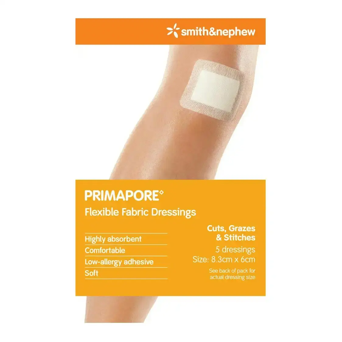 Smith &amp; Nephew Primapore Flexible Fabric 5 Dressings 8.3 x 6cm