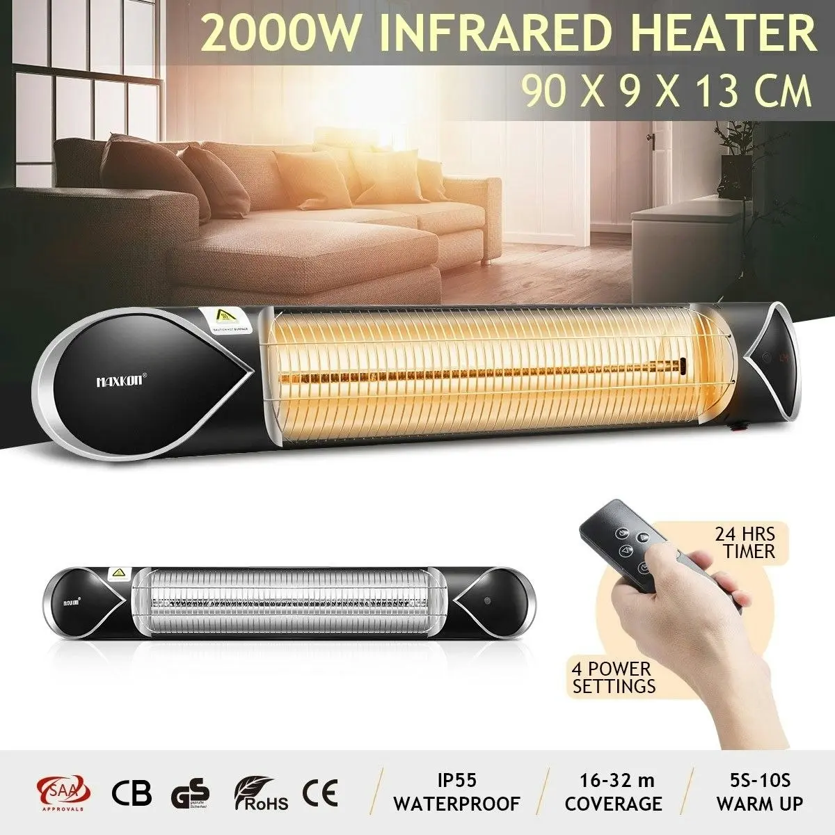 Maxkon 2000W Carbon Fibre Infrared Heater Instant Heat Electric