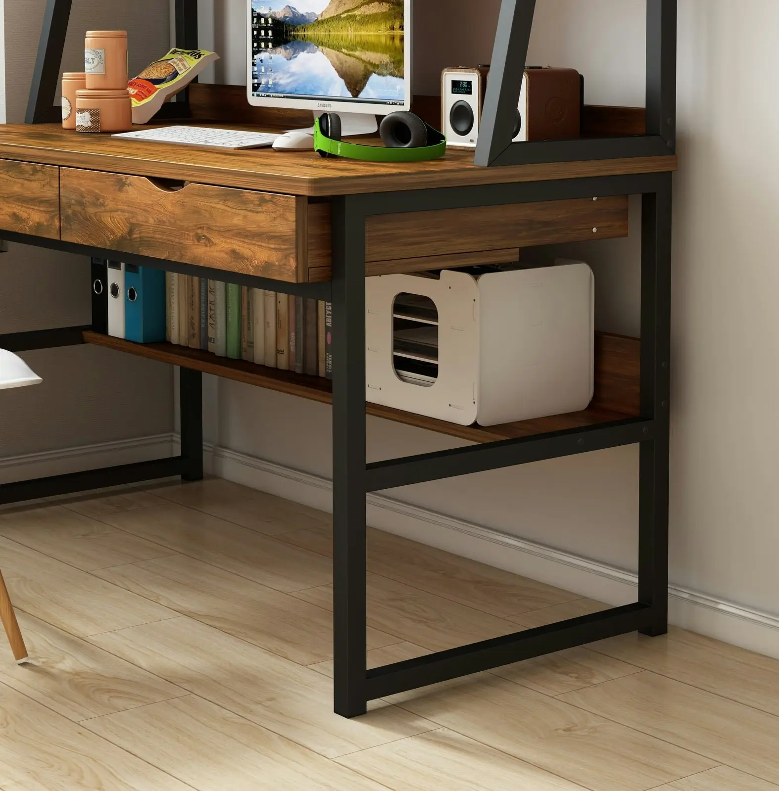 Enterprise Large Computer Desk Workstation with Shelves Drawers Rustic Wood Zoha Interiors Lasoo