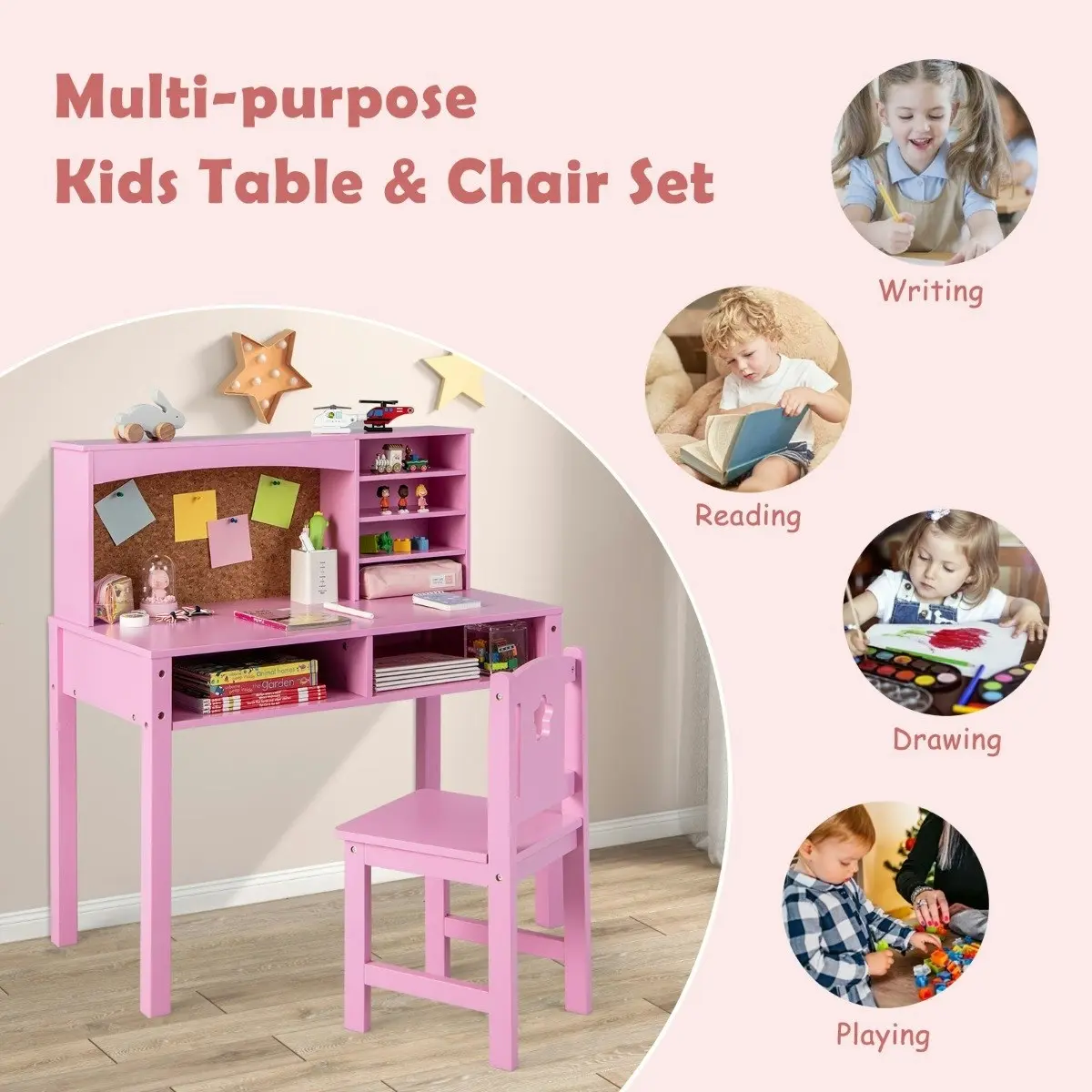 Costway Kids Writing Table Chair Set Wood Study Table w/Drawers