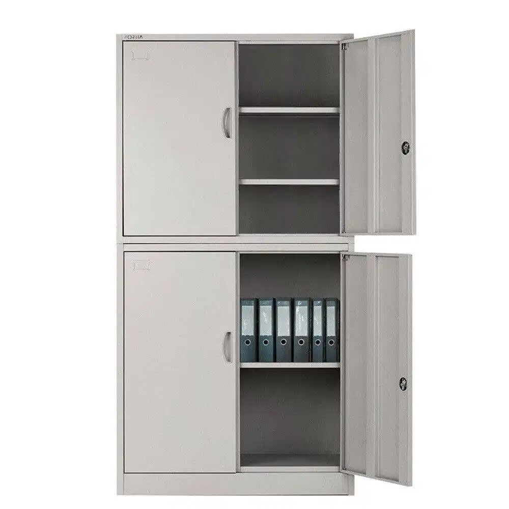 Fortia 4-Door Steel Stationary Cabinet, Cam Locks, Shelves, Grey