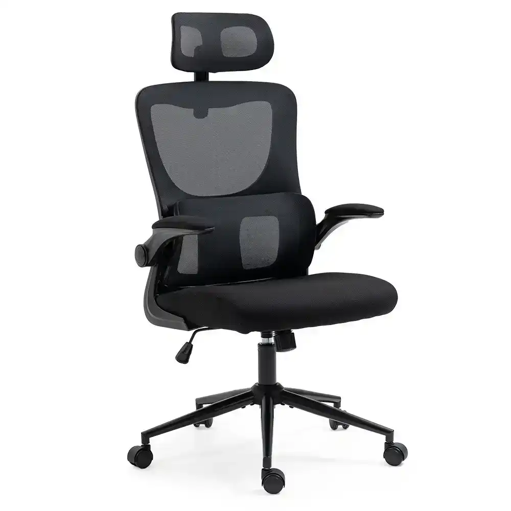 Fortia Ergonomic Office Desk Chair, Lumbar Support, Mesh Fabric, Adjustable Headrest, Retractable Armrests, Black