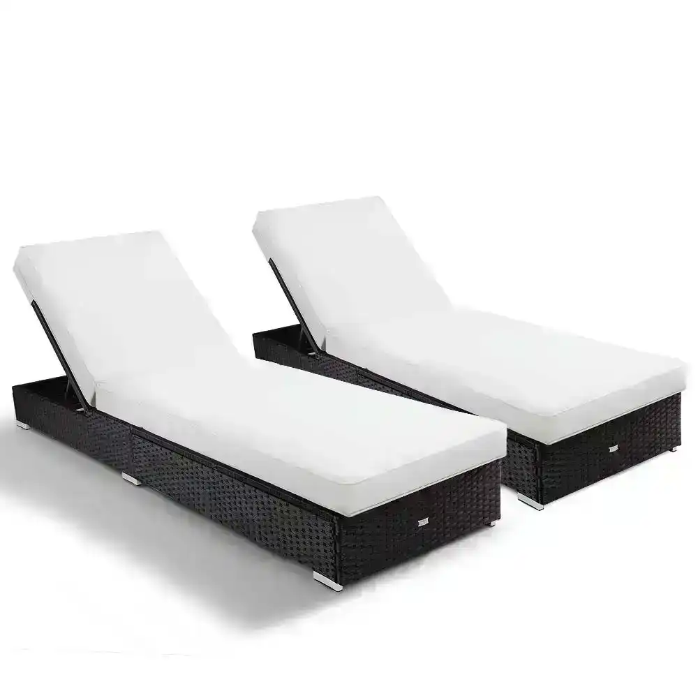 London Rattan 2pc Premium Outdoor Sun Lounge, Black with Light Cushions