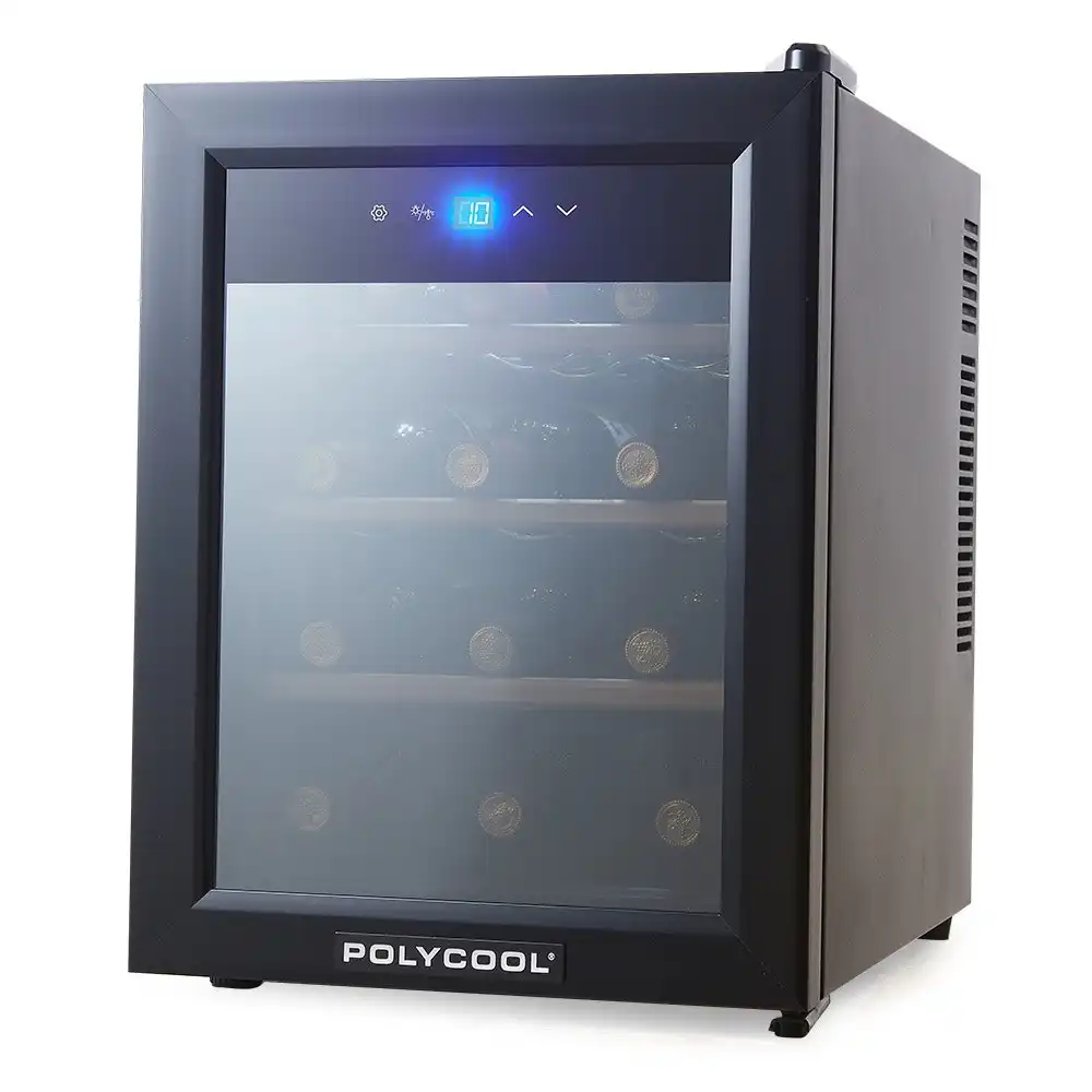 PolyCool 12 Bottle Wine Bar Fridge, Countertop, Mirrored Glass Door, Sliding Shelves, Black