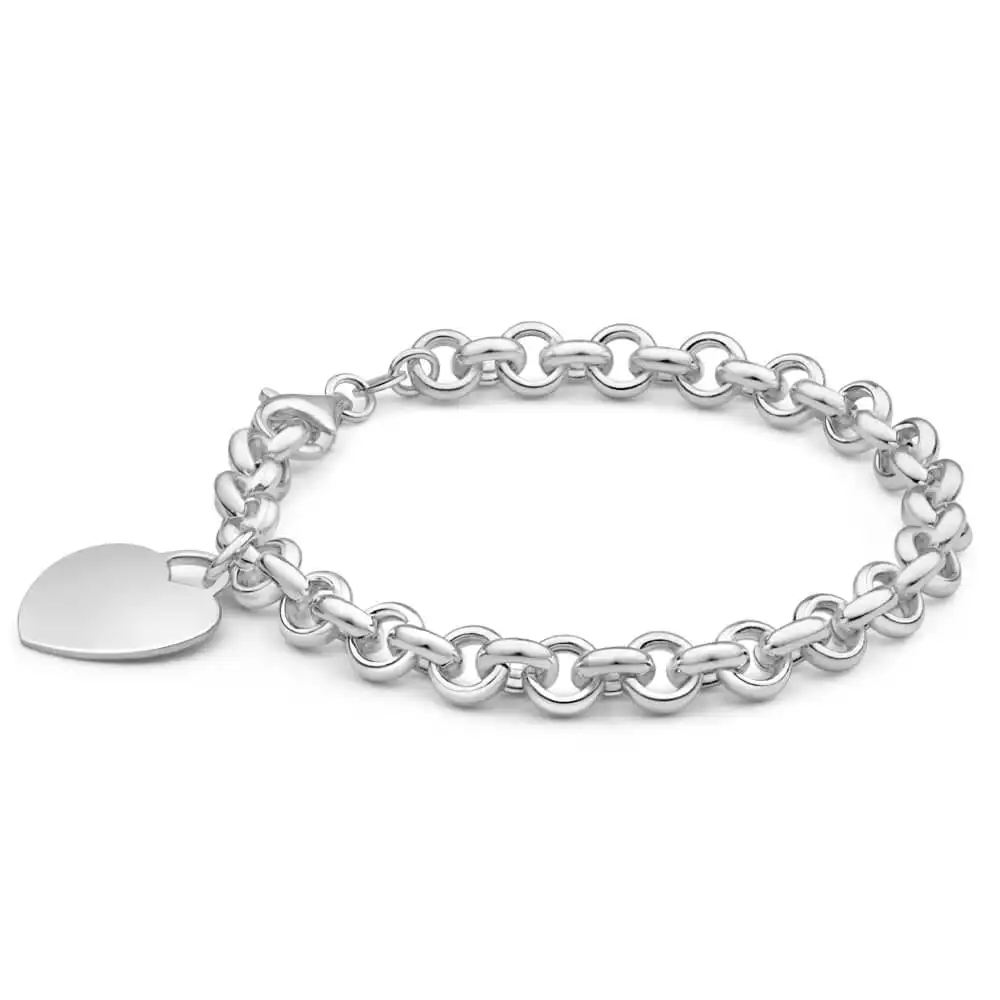 Sterling Silver Belcher Heart Charm Bracelet 19cm