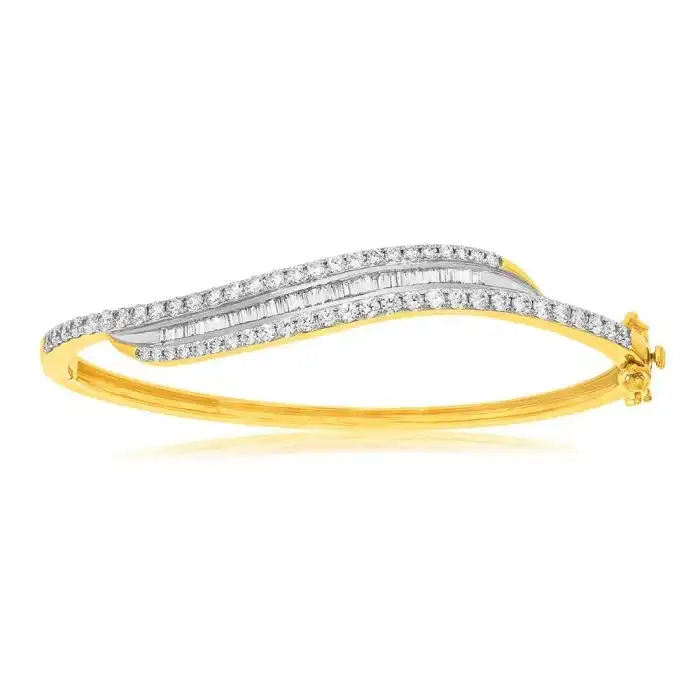 9ct Yellow Gold 2 Carat Diamond Bangle with Brilliant and Tapered Baguette Diamonds