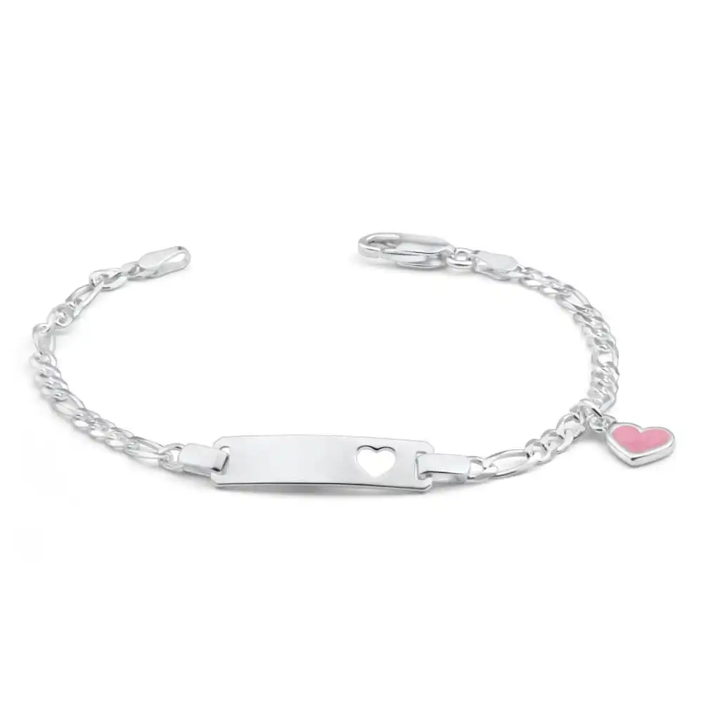 Sterling Silver Pink Enamel Heart ID Bracelet 17cm