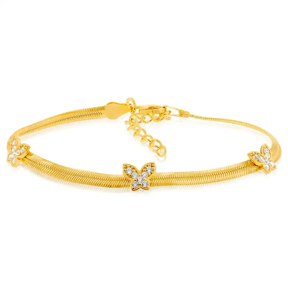 Yellow Gold Plated Sterling Silver Cubic Zirconia On Butterfly 19cm Bracelet