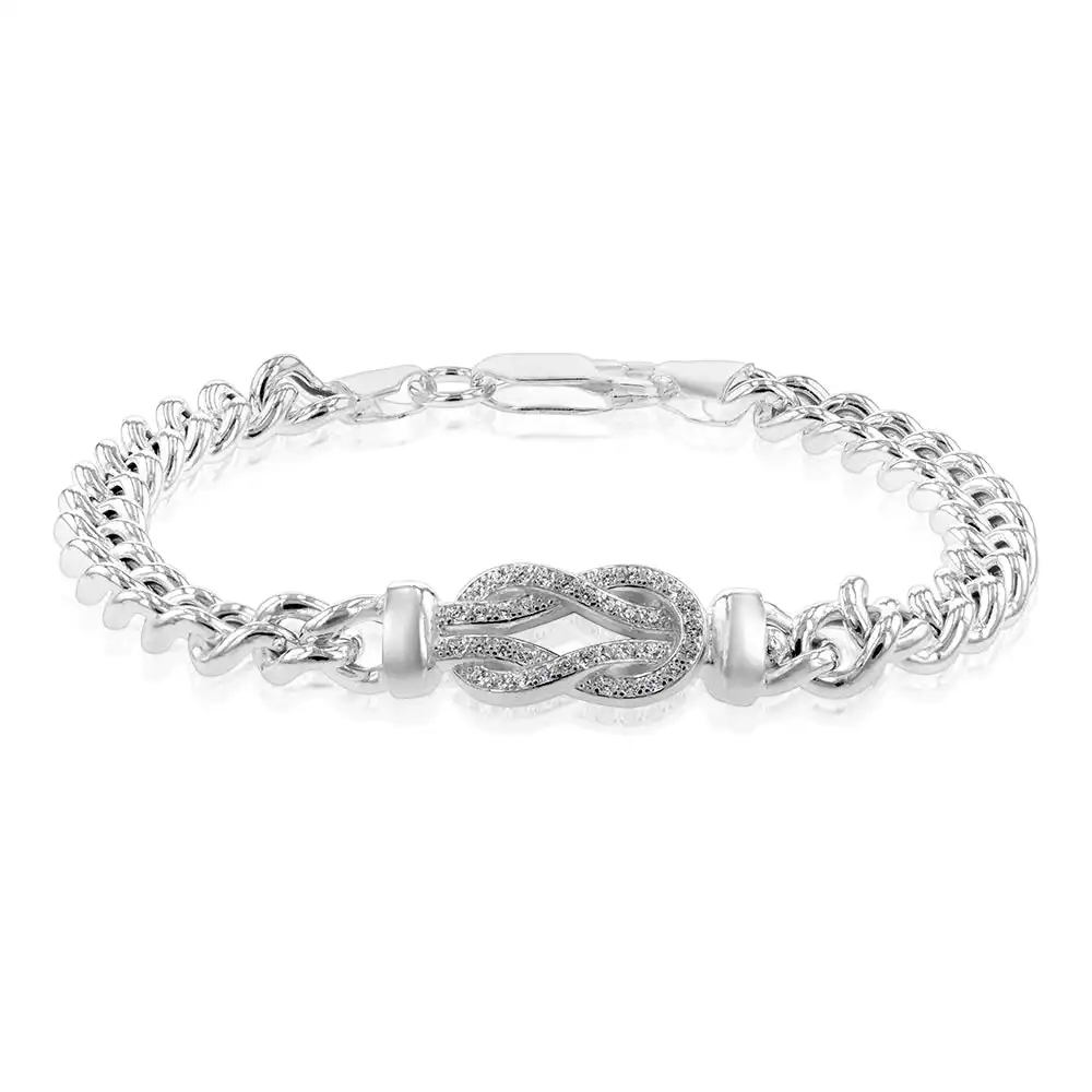 Sterling Silver Cubic Zirconia On Knot Curb 19cm Bracelet