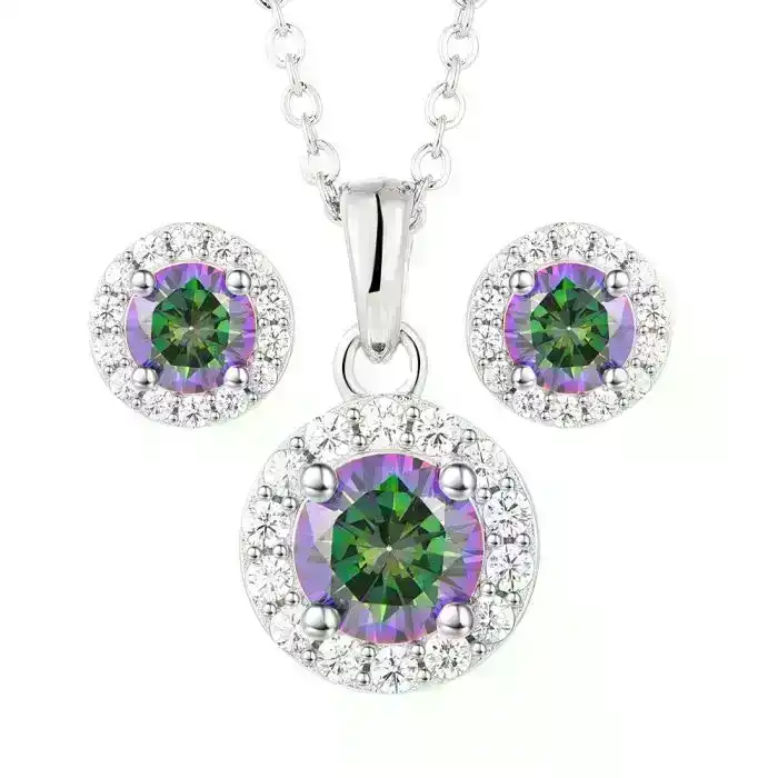 Sterling Silver Mystic Topaz Zirconia Pendant And Stud Set on 45cm Chain