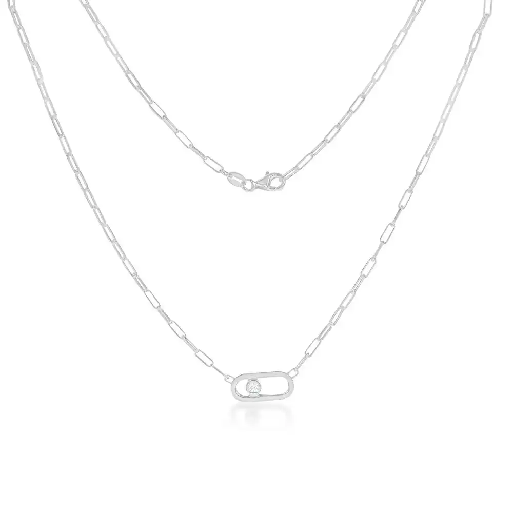 Sterling Silver Cubic Zirconia On Chunky Link Pendant 45cm Chain