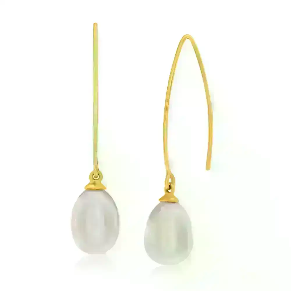 9ct Yellow Gold Fresh Water Pearl Long Drop Earrings