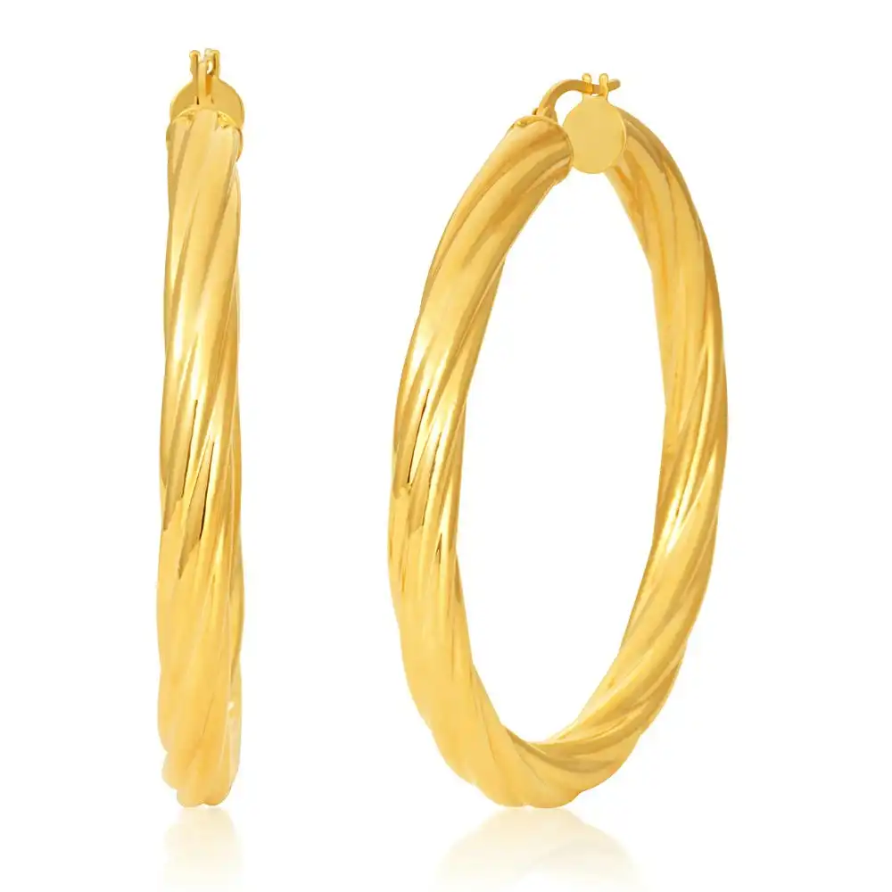 9ct Yellow Gold 40mm Twisted Striped Hoop Earrings 9Y