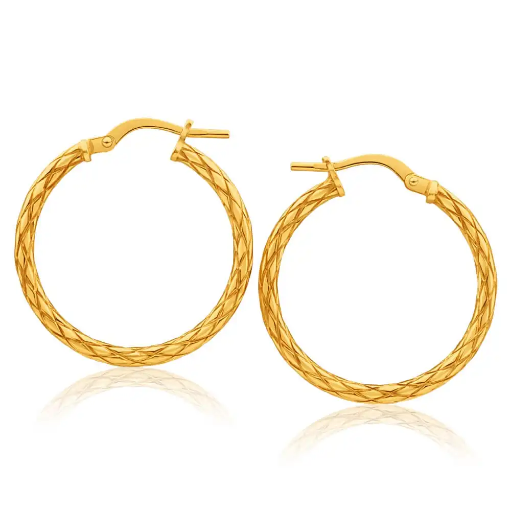 9ct Yellow Gold Silver Filled Patterned 20mm Hoop Earrings