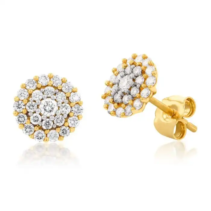 9ct Yellow Gold 1/2 Carat Diamond Cluster Stud Earrings