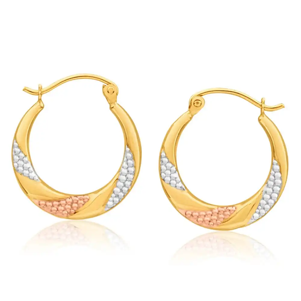 9ct Yellow Gold, White Gold & Rose Gold Fancy Creole Hoop Earrings