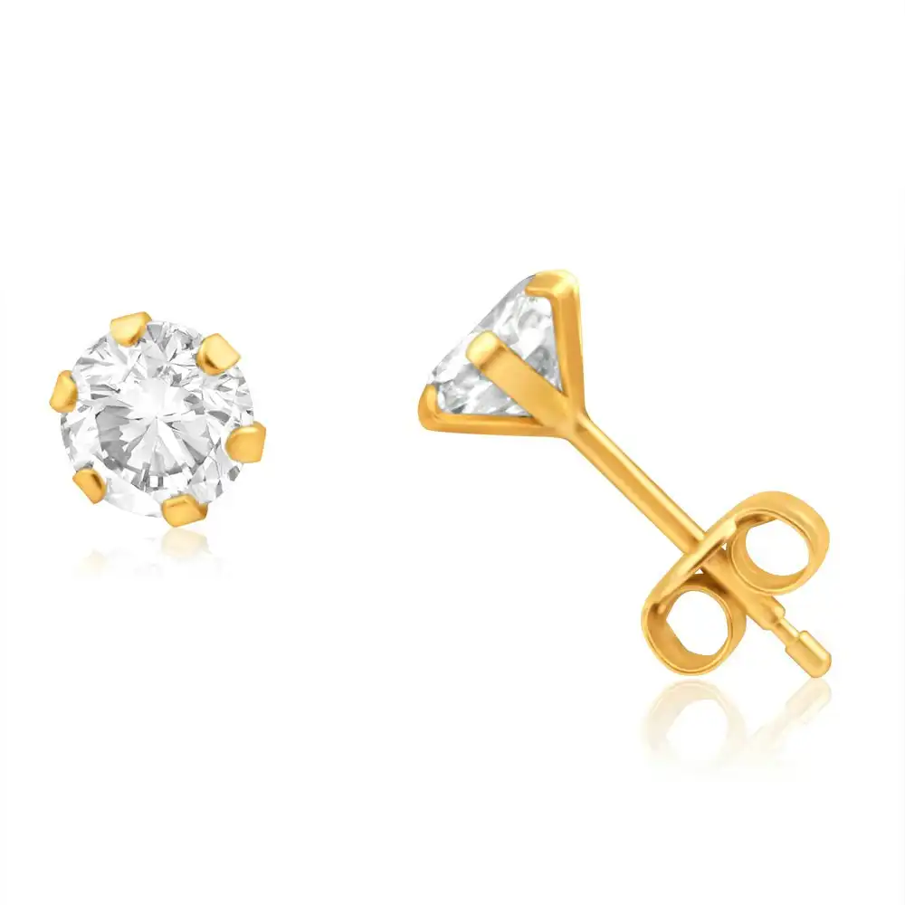 9ct Yellow Gold Cubic Zirconia 5mm 6 Claw Stud Earrings