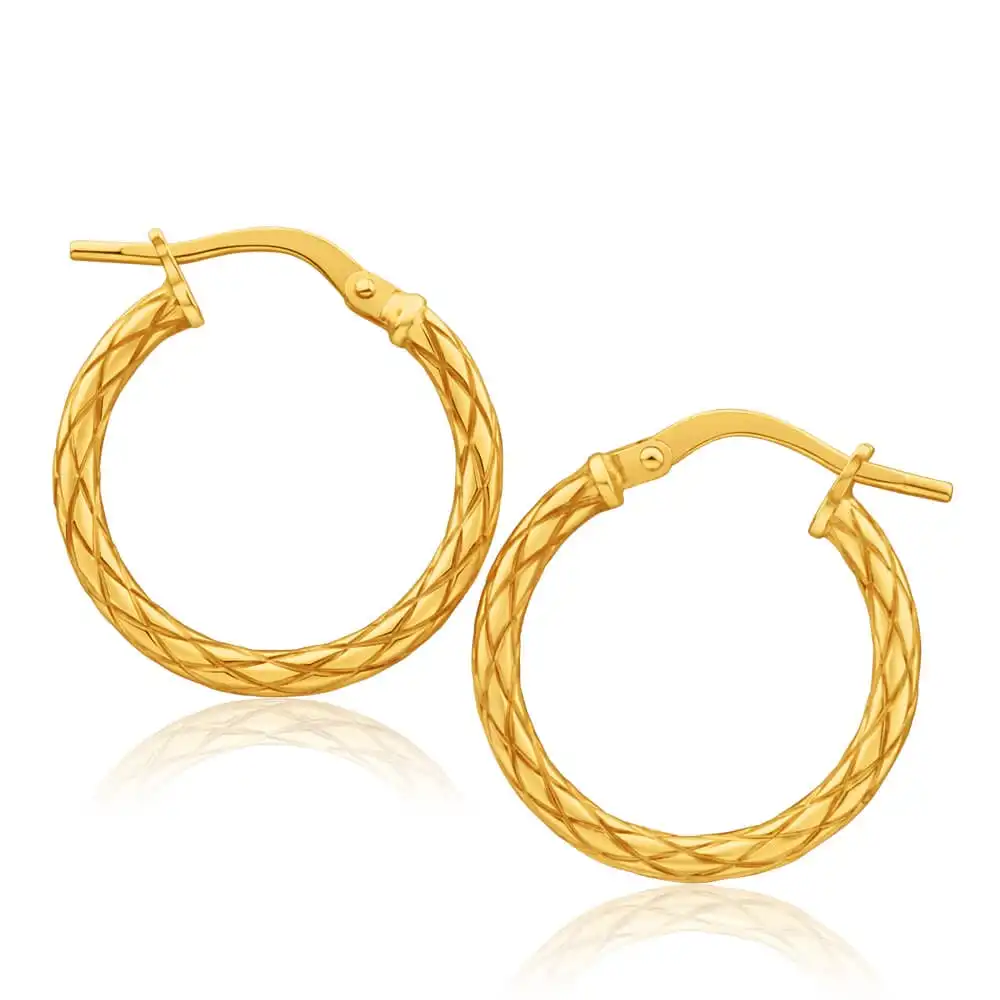 9ct Yellow Gold Silver Filled Patterned 15mm Hoop Earrings