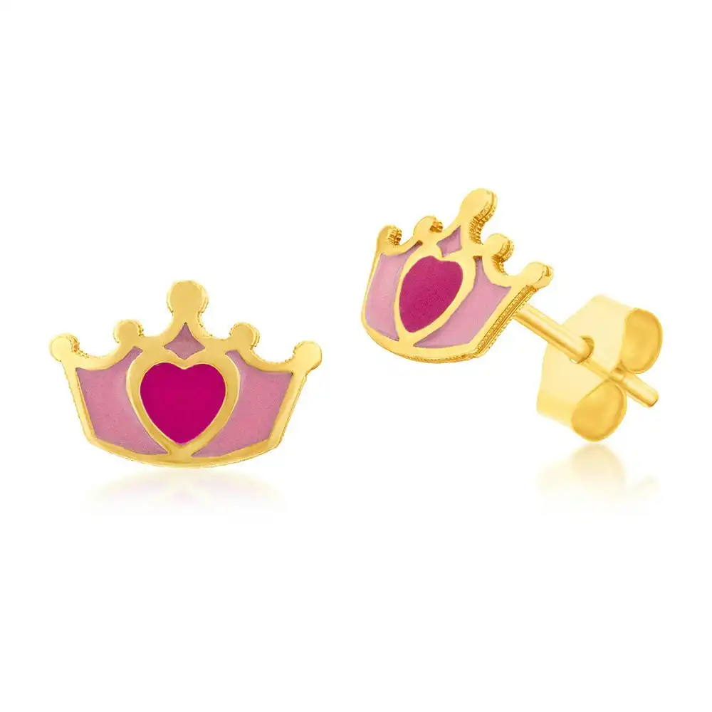9ct Yellow Gold Red Heart On Crown Stud Earrings